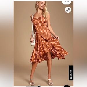 NEW LULUS BELLAMY RUST BROWN POLKA DOT BACKLESS DRESS, S